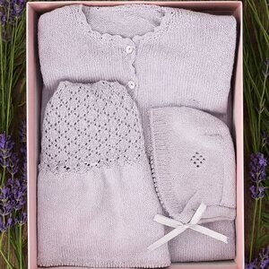 BABY CHRISTENING SET LAVENDER HAND knitted alpaca NEW NEW NEWA 4 PIECES